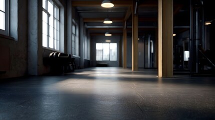 Shadowy industrial gym interior with large and wooden beams bathed in atmospheric light