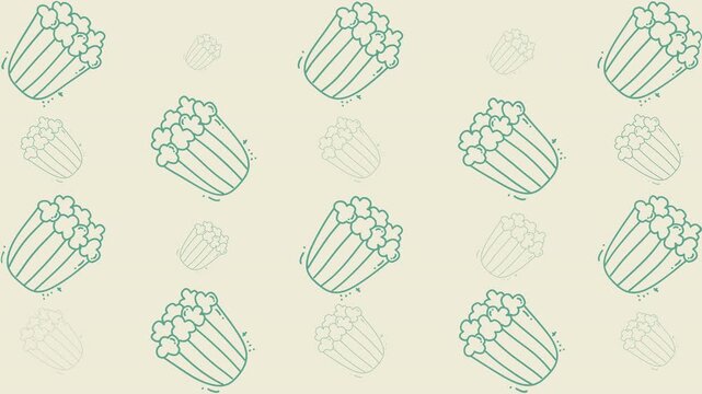 Food doodle pattern features a whimsical teal popcorn bucket cartoon for a fun quirky design. Suitable for packaging, textiles, and wallpaper.