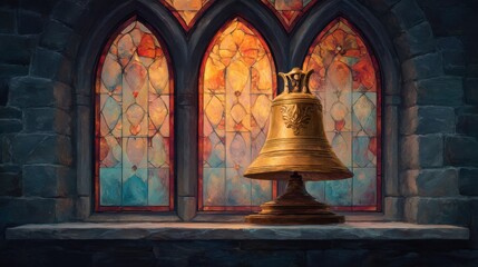 Obraz premium Golden Bell Against Stained Glass Windows in Dimly Lit Historic Architecture Interior