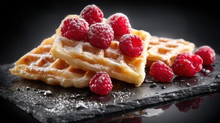 Delicious Golden Waffles Topped with Fresh Raspberries and Dusting of Powdered Sugar on a Dark Slate Background