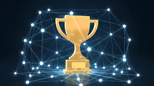 Golden trophy centered amidst glowing digital network nodes