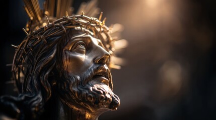 Detailed Close-Up of a Religious Sculpture Depicting Jesus with a Crown of Thorns and a Serene Expression in Soft Lighting