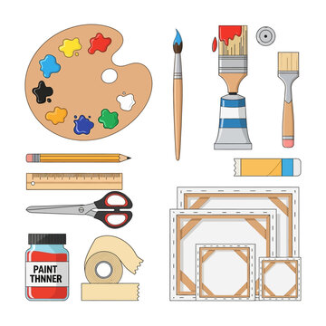 Art Supplies Collection: Paint Palette, Brushes, Canvas, and Tools for Creative Painting