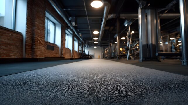 A low angle view down a carpeted aisle in a modern industrial style gym with exposed brick walls and fitness equipment