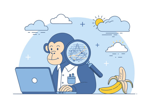 Monkey working on laptop with magnifying glass and banana.