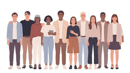 Obraz premium diverse group of flat vector people: different skin tones, ages, genders, in casual poses, minimal line art, soft pastel fills, for use in websites, brochures, social media, vector illustration style