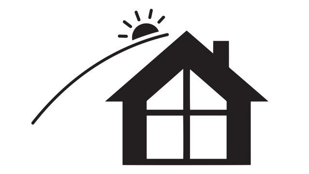 Passive Solar House With Large South Window And Sun Path Arc Illustrating Daylighting And Thermal Gain &mdash; Black Solid Vector For Energy-Efficient Home Design