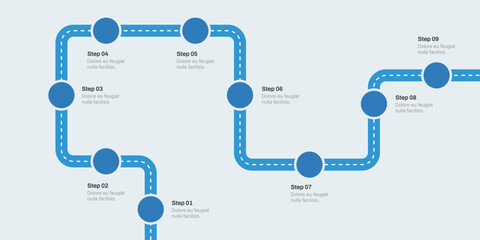 Blue Roadmap Infographic With Nine Steps And Winding Road