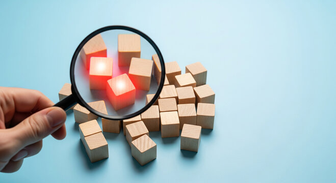 A hand holding a magnifying glass over glowing red cubes, perfect for identifying problems and focused business analysis plans