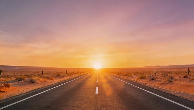 Scenic desert highway toward sunset, journey road trip, vast arid landscape, endless horizon sunrise, sunset.