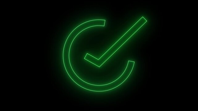 Animation of nion coolar full check mark icon background. Neon Tick mark icon seamless loop.Glowing neon line Tick mark or confirm icon animation on black background  4k video. 