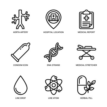 Simple Outline Medical Healthcare Icon Set with Aorta Artery and Pill