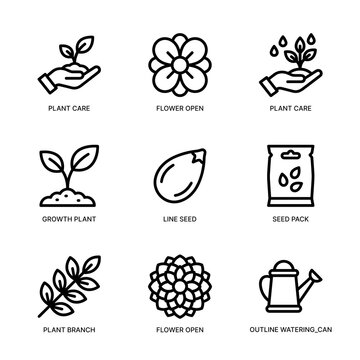 Line Art Simple Gardening Element Plant and Flower Icon Set