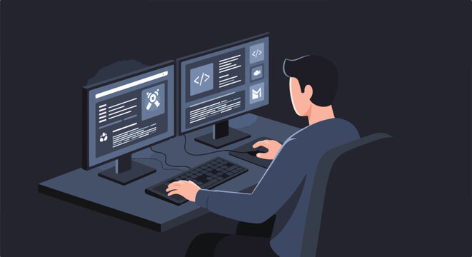 Programmer working on dual monitors in a dark office, writing code and developing software. Flat design illustration depicting IT professional at desk.