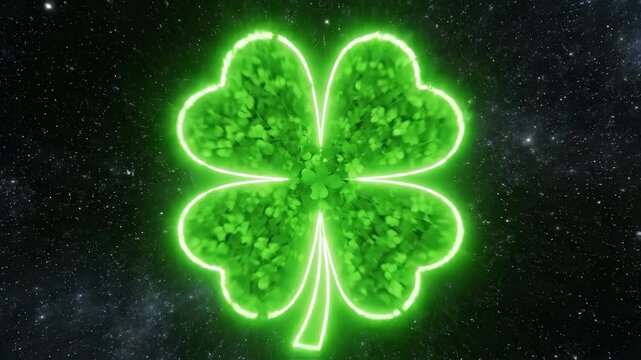 Glowing four leaf clover in a tunnel of green shamrocks