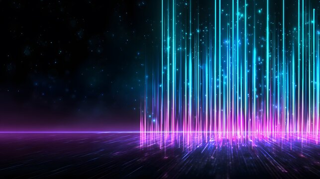 Abstract Digital Illumination: A stunning digital artwork showcasing vibrant, luminous light trails cascading downwards, creating an immersive visual effect on a dark background.