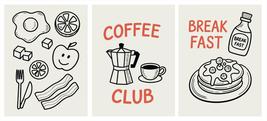 Breakfast and coffee doodle illustration set, hand drawn food elements with pancakes, bacon, egg and coffee club typography design © MstJesmin