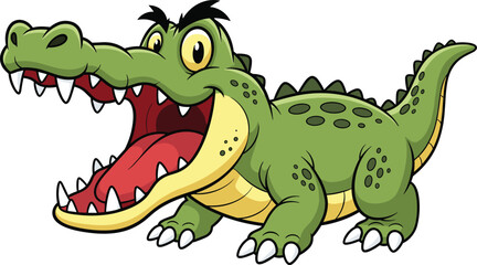 Naklejka premium Friendly green crocodile cartoon character with wide open mouth showing teeth, cheerful alligator mascot standing isolated on white background vector.