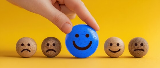 The Blue Smiling Ball Standing Among Wooden Sad Faces on Bright Yellow Background