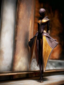 AI-generated illustration of a svelte fashionable featureless female humanoid in an industrial environment, in metallics and brown, orange and cream