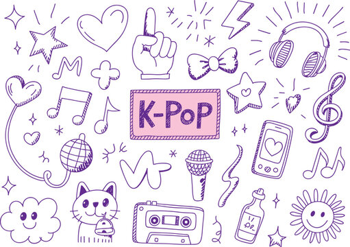 K pop doodle illustration set, cute music themed elements with headphones, microphone, notes and retro cassette for fan design