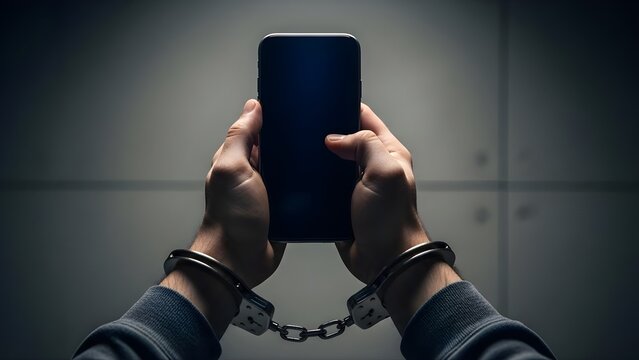 Digital Security and Arrest Concept: Close-up of Criminal in Handcuffs Holding Mobile Phone