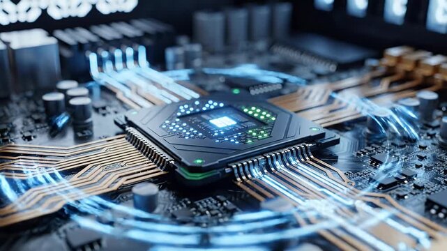 Close-up of a central processing unit with glowing blue and green lights on a circuit board