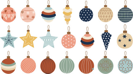 Large collection of vintage style Christmas baubles and holiday ornaments with stars hearts and patterns for winter celebration greeting cards and festive seasonal decor designs. © MdGohurul