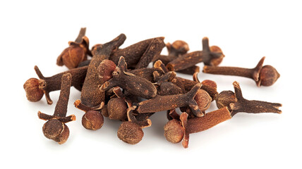 Fototapeta premium Group of dried whole cloves isolated on white background for food, health, and aromatic spice concepts.