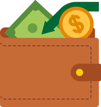Modern financial income vector icon. Wallet with a partial dollar bill and coin, plus an ingoing arrow to symbolize financial income. Income icon transparent PNG.