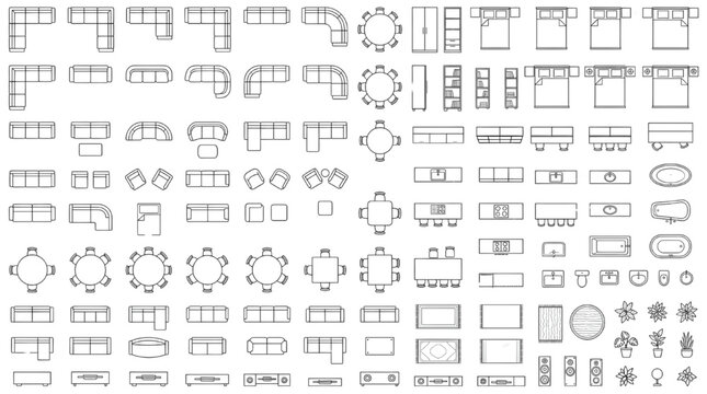 Architectural Furniture Top View Icon Sheet &ndash; Interior Floor Plan Blueprint CAD Vector Library