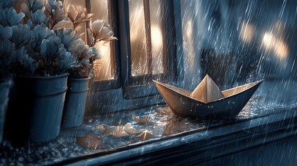 Rainy window scene pastel paper boat