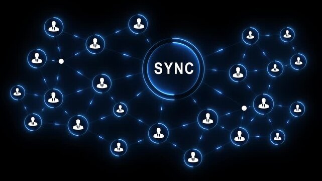 SYNC network business communication technology collaboration Professional torso operating glowing interface to SYNC teams enable networking and boost black blackground 4k video...