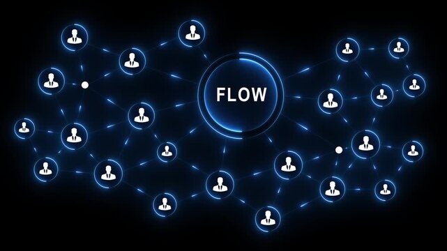 FLOW network business communication technology collaboration Professional torso operating glowing interface to FLOW teams enable networking and boost black blackground 4k video...