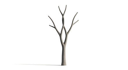 Artistic 3D rendering of a minimalist bare tree with slender branches extending upwards, casting a soft shadow on a pristine white background, representing seasonal change or simplistic nature