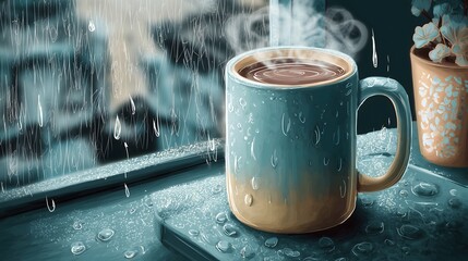 Rainy day coffee steam cozy room