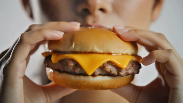A person holding a cheeseburger in their hands, about to take a bite, showcasing the melted cheese and beef patty.