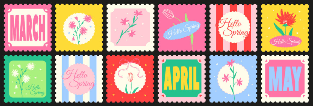 Set of colorful spring postage stamps with floral illustrations and seasonal typography. Perfect for greeting cards, posters, stickers, stationery, scrapbooking, invitations and seasonal branding.