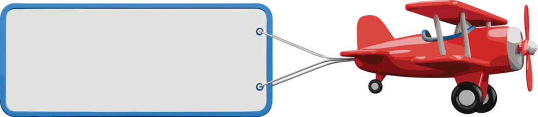 Small red vintage biplane flying and pulling a large blank white advertising banner with blue border for custom text message and marketing promotion © Asraful