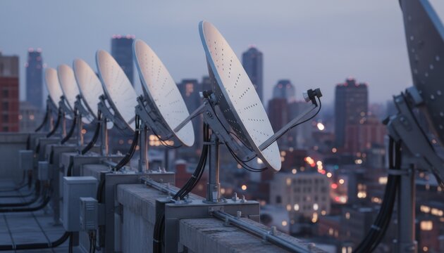 Focus on multiple rooftop dishes aligned along the parapet showing technical equipment in crisp detail against soft cityscape.