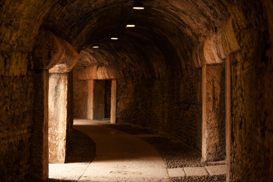 Interior pathway of ancient Roman Arena di Verona, an ancient Roman amphitheater located in the historic center of Verona, Italy