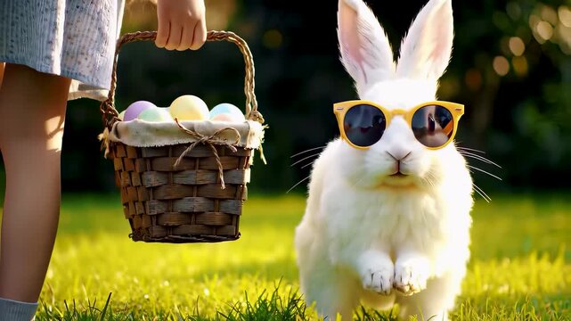 Child holding a basket of colorful Easter eggs walks on green grass beside a cute white bunny wearing sunglasses, creating a warm spring holiday celebration scene outdoors.