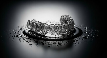 Fototapeta premium transparent invisible dental aligners resting on dark reflective glass surface