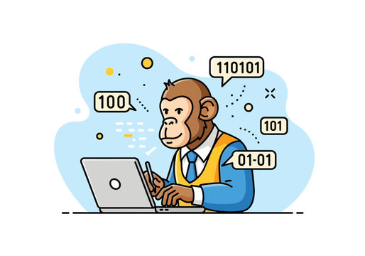 Monkey Programmer Working on Laptop with Binary Code.