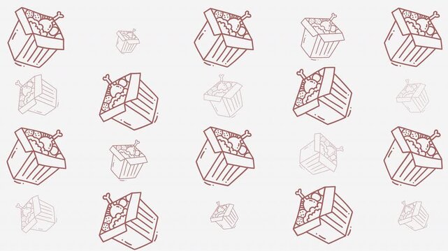 Food doodle style pattern with handdrawn takeout boxes filled with delicious fried chicken suitable for food packaging, restaurant decor, and menus.