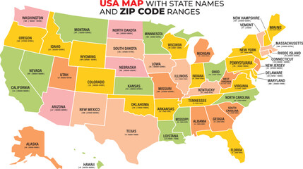 Usa map with state names and zip code ranges colorful illustration © Meizan 