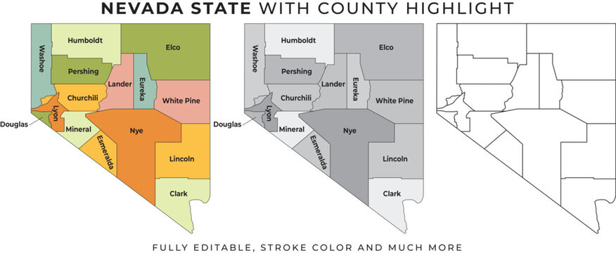 Nevada state map with county highlight and outline illustration