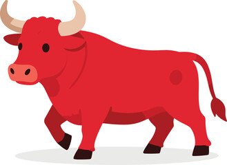 Fototapeta premium Cartoon red bull with tan horns walks across a white surface