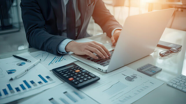 Businessman working on laptop with financial documents