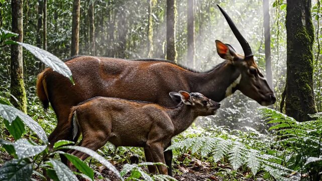 Rare Saola Calf Nurses From Its Mother in Lush Forest